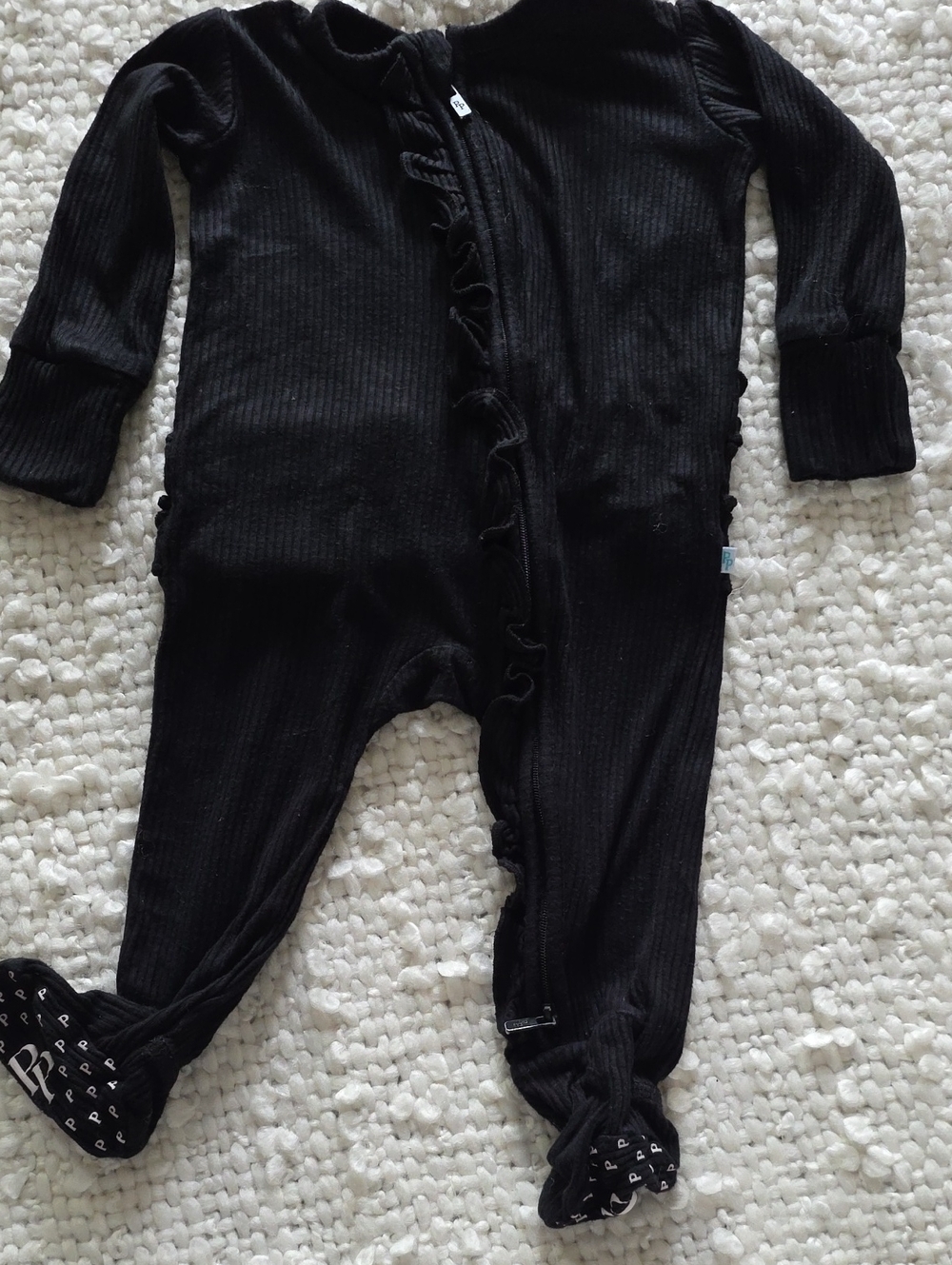 Posh Peanut Black Ruffle Footed One-Piece 3-6 months